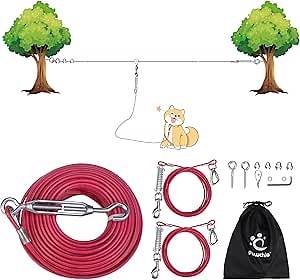PAWCHIE Heavy Duty Dog Tie Out Trolley System, Dog Run Cable Lead 100ft with 20ft Pulley Runner Line for Small Medium and Large Dogs Up to 250lbs Running Outside Yard, Backyard, Camping, Pink