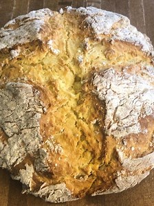 IRISH SODA BREAD 4 cups ALL PURPOSE FLOUR 1 teaspoon BREAD (BAKING) SODA 1 TSP SALT Mix the above dry ingredients together in a large bowl. Then: cut in 2 Tablespoons BUTTER In a separate bowl Mix the wet ingredients: 1 egg 1-3/4 cups BUTTERMILK Pour the wet into the dry ingredients and mix in a circular motion just intil the dough comnes together. Pour onto a floured surface and tidy up the dough by flipping it and tucking it under with your hands to form a nice round. Place onto a floured baki