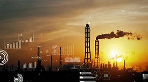 Modern industrial plant and statistics data concept. Factory management.