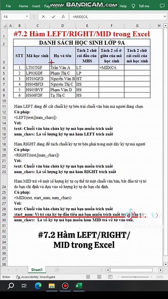 7.2 Hàm LEFT/RIGHT/MID trong Excel #excel #excelpro #exceltips #learnontiktok #excelvolong #tinhocvanphong