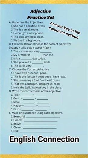 Adjectives in English | Adjective Worksheet with Answers | Adjective MCQs | English Grammar #shorts