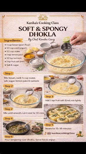 SOFT & SPONGY DHOKLA 😍 Perfect for breakfast, tiffin or evening snack! INGREDIENTS: • 1 cup besan (gram flour) • 1/2 cup curd (yogurt) • 1/2 cup water • 1 tsp lemon juice • 1/2 tsp turmeric • 1 tsp fruit salt (Eno) • Salt & sugar to taste Tempering: • 1 tbsp oil • 1/2 tsp mustard seeds • 1.5 tsp sesame seeds • 3–4 chopped green chillies • 8–10 curry leaves STEP 1: In a bowl, add besan, curd, 1/2 cup water, salt, sugar, lemon juice and turmeric. STEP 2: Whisk well to make a smooth lump-free batt