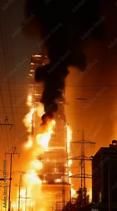 An explosion at an industrial facility with bright flashes and plumes of smoke, captured at night. concept: emergency situations, industrial safety, accidents and news.
