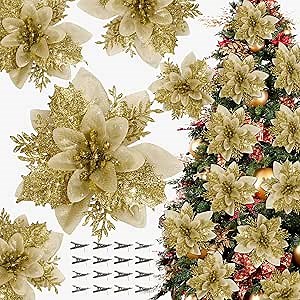 16 PCS Poinsettia Flower Artificial Poinsettia Christmas Decorations Glitter Poinsettias Christmas Ornaments Christmas Tree Flower Decorations with Clips DIY Xmas Wreath Holiday Weed Home Party Decor