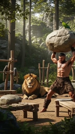 🏋️‍♂️ Caveman Gym Gains with 🦁 & 🦜 Stone Age Workout Outdoors 🌿 #DreamScreenAi