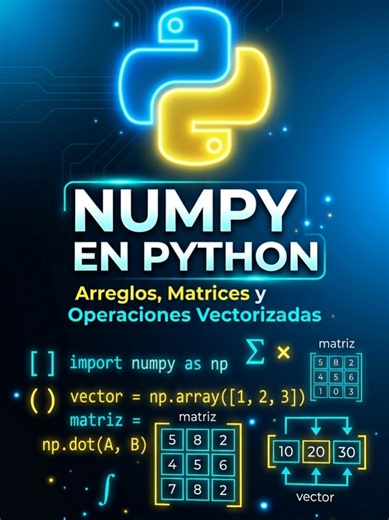 NumPy en Python 🐍 | Arreglos, Matrices y Operaciones Vectorizadas desde Cero En este video aprenderás a dominar NumPy, la librería fundamental de Python para cálculo numérico y manejo de matrices. Descubrirás cómo crear arreglos unidimensionales y matrices, realizar operaciones vectorizadas de forma eficiente, y trabajar con índices y slicing. 📌 Temas que verás: 🔹 INTRODUCCIÓN A NUMPY:✅ ¿Qué es NumPy y para qué sirve? ✅ Importación con alias: import numpy as np✅ Diferencia entre vectores NumP