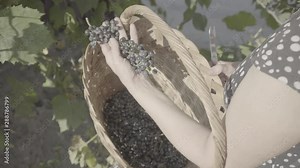 Woman picks grapes in a basket for making wine, slog video