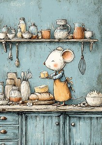 Baking Mouse, Mouse Kitchen, Mouse Chef, Cute Mouse, Mouse Baking Bread, Tiny Baker, Mouse Cooking, Baking Scene, Kitchen Mouse - Etsy
