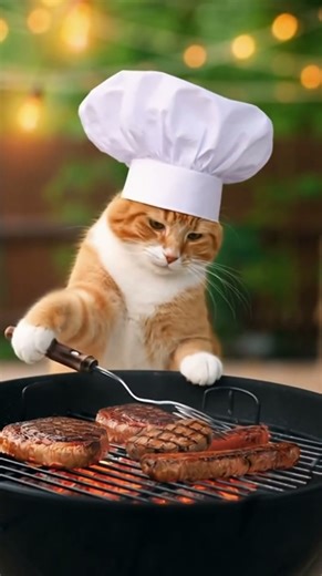 Cat cooks on barbecue