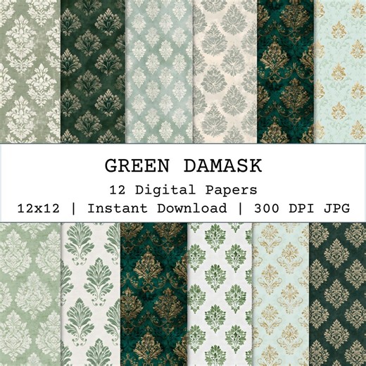 Green Distressed Damask Seamless Pattern, Vintage Sage and Emerald Scrapbook Paper, Ornate Victorian Backgrounds for Junk Journals - Etsy