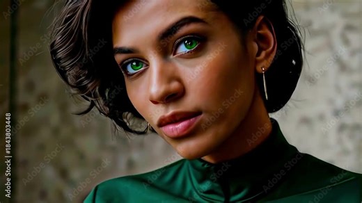 a beautiful dark-skinned model with sensual lips in an elegant green dress