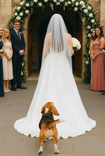 During the ceremony, the bride’s dog suddenly clamped his teeth onto the hem of her dress and refused to let her walk toward the altar. Everyone thought he was just being playful — until something truly terrifying came to light. 😨😱 The wedding had been unfolding perfectly. Guests were laughing, clinking glasses, posing by the floral arch, and whispering excitedly about the bride’s yet-unseen dress. Light music drifted through the air; some guests were already on their second glass of champagne