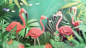 folded paper art origami. tropical background with tropical leaves on green background. seamless looping overlay 4k virtual video animation background Stock Video
