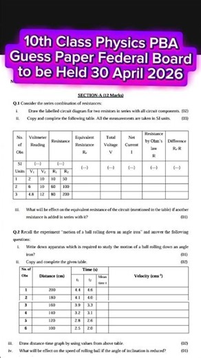 10th Class Physics Guess PBA Paper 2026 | Federal Board | Exam to be Held 30 April 2026