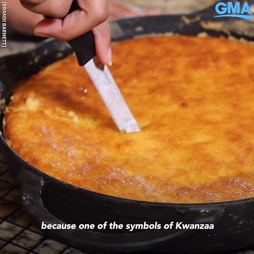 Celebrate Kwanzaa with this delicious skillet cornbread recipe from food blogger Brandi Barnett of Brandi's Foodie Diary. https://gma.abc/32HKBJ9 INGREDIENTS: 1 cup Flour 1 cup Cornmeal 1 cup Sugar 1 tbsp Baking Powder 1 tsp Salt 1 1/4 cups Buttermilk 2 large Eggs 1 stick Melted Butter (extra flour and butter for your cast iron skillet) DIRECTIONS: Preheat your oven to 375 degrees F. Combine all of your dry ingredients into a large mixing bowl. Give the dry ingredients a stir with your spatula t