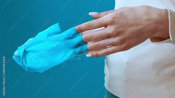 A person is carefully putting on a pair of blue gloves, preparing for a task that requires hygiene and safety. The background features a calming blue wall, creating a focused atmosphere.
