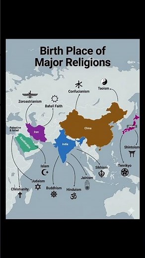 World map showing origins of major religions and their symbolic icons everywhere ☪️✝️🪯☮️🗿✨️