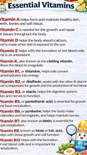 Essential Vitamins and their function in body
