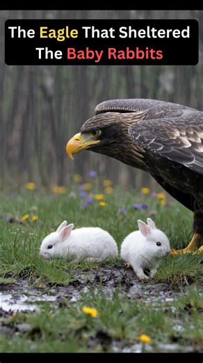 The Eagle That Sheltered The Baby Rabbits. The baby rabbit had wandered too far from her burrow when the sky turned black. She didn't know what rain was. She was only three weeks old. When it came, it came like violence—heavy drops that knocked her sideways, soaking through her thin fur in seconds. She curled into a trembling ball in the open grass, too cold to move, too small to survive this. The eagle saw her from above. Easy prey. He'd been hunting all morning. He circled once. Twice. Then do