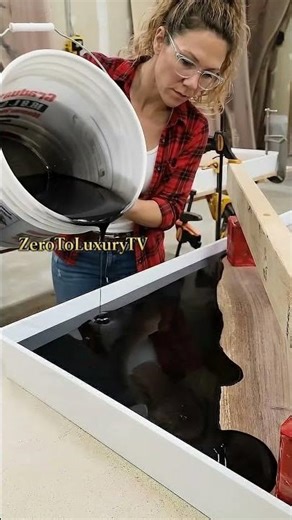 Satisfying Black Epoxy Pour — River Table Build #resinart #countertopepoxy #epoxyrivercountertop