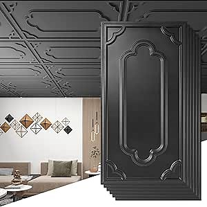 Art3d 12-Pack Drop Ceiling Tiles 2x4 Ft, Decorative PVC Ceiling Covering Panels 24x48 Inch for Basement Bathroom Kitchen, Cover 96 Sq.Ft, Black