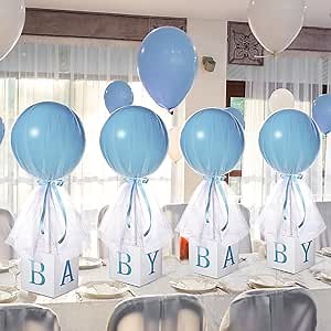 Wettarn 4 Set Blue Boy Baby Shower Table Centerpiece Decor 24'' Tulle Tutu Balloon with Letter Boxes Gender Reveal Centerpiece Balloon with White Tulle Cover, Stand, Boxes for Girl Boy Birthday Party