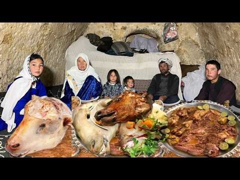Eid al-Fitr family celebration with delicious Kale Pache Pilaf in the cave Village Life of Afghanist