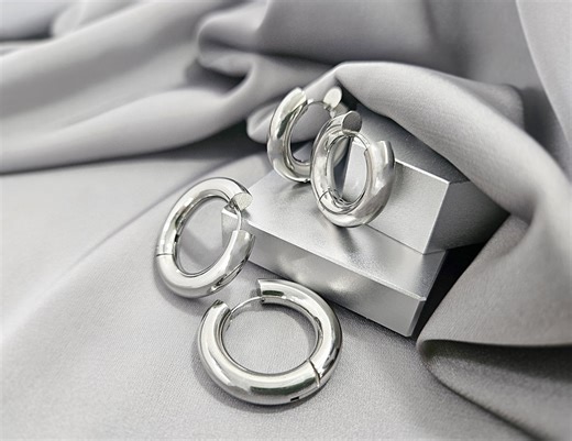 Classic Chunky Silver Hoop Earrings 316L Surgical Steel Thick Hoops Unisex Snap-on Hoop Earrings Jewelry Gift Thick Men Hoop Earrings Gift - Etsy