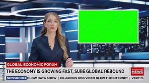 Newsroom TV Studio Live News Program: Caucasian Female Presenter Reporting, Green Screen Chroma Key Screen Picture. Television Cable Channel Anchor Woman Talks. Network Broadcast Mock-up Playback