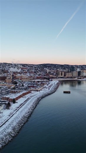 Calm Lake Superior and a winter view of Duluth, MN 😲👍😉#aerialvideo #winter #snow #cold #views