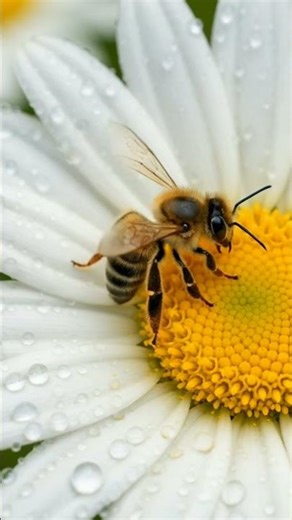 Beautiful honey bee pollinating daisies in a sunny field at sunset.#HoneyBee #NaturePhotography