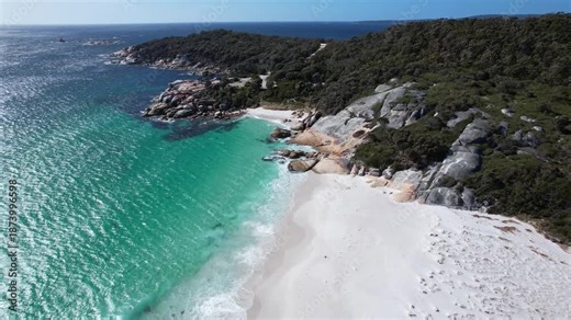 Taylors Beach And Sloop Rock Lookout In Binalong Bay, Tasmania, Australia - Drone Shot