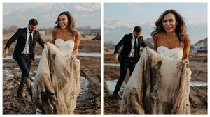 Kazakhstan couple falls in muddy puddle during wedding photoshoot. Result is not what you think