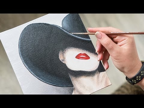 Mysterious Girl in a Big Black Hat - Acrylic painting / Homemade Illustration (4k)