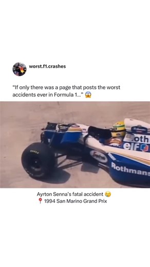 Worst Formula 1 Crashes on Instagram: "One of the saddest days in Formula 1 history 😭🕊️ Ayrton Senna lost his life in the tragic 1994 San Marino GP, held on 1 May at the Autodromo Enzo e Dino Ferrari, located in Imola, Italy! On the seventh lap, Senna was leading the race. Going at a speed of 305 km/h (190 mph), Senna’s car could not take the turn at the Tamburello left corner, and, continuing in a straight line, struck the unprotected concrete barrier at a speed of 211 km/h (131 mph), reduced