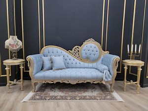 Vintage Chaise Lounge in Aged Wood Finish With Luxurious Sky Blue Velvet Upholstery - Etsy