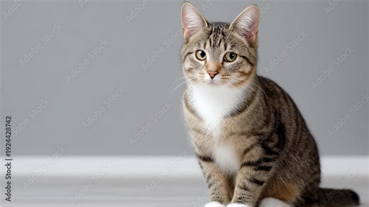 Young tabby Manx cat sitting on light floor against neutral gray wall in minimalist studio setting