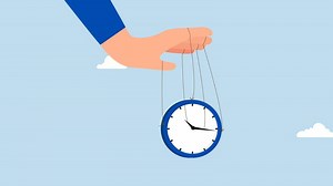 Control time, 4k animation of entrepreneur manipulates time using a clock puppet.