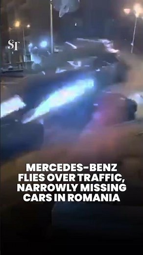 Mercedes-Benz flies over traffic, narrowly missing cars in Romania