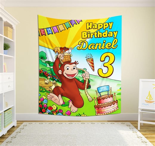 Curious George Birthday Backdrop/curious George Birthday Banner/curious George Backdrop/george Custom Birthday Backdrop OFWC37 - Etsy