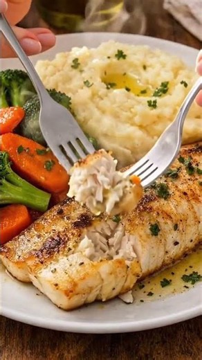 Grilled White Fish with Creamy Mash & Vegetables 🐟🥦🥕🥔 #shorts