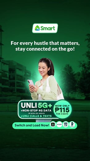 From grind mode to scroll breaks, stay connected wherever the day takes you📱 Get UNLI 5G non-stop 4G data UNLI Calls & Texts for only ₱115, valid for 3 days. Download the Smart App and load now: https://smrt.ph/SmartApp.FB | Smart Communications, Inc.