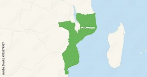 World Map Zoom In To Mozambique. Animation in 4K Video. Green Mozambique Territory On Blue and White World Map