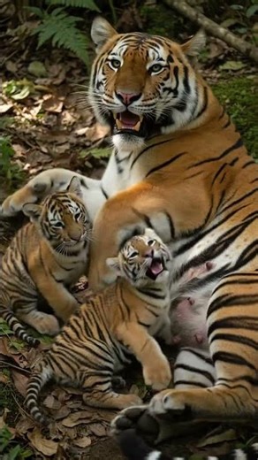 A mother tiger is nursing her two cubs #wildlife #tiger #tigercubs #cute