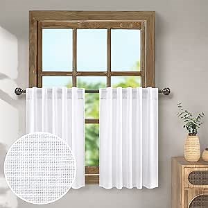 White Cafe Curtains 24 Inch Length Kitchen Window Curtains Sets of 2 Pack Back Tab Top Pocket Tier Light Filtering Semi Sheer Short Linen Curtains for Small Windows Bathroom Garage 30 x 24 in Long