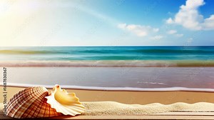 Seashell Serenity on Shore: A close-up of a beautifully detailed seashell rests peacefully on a pristine sandy shore. The gentle waves lap the coastline.