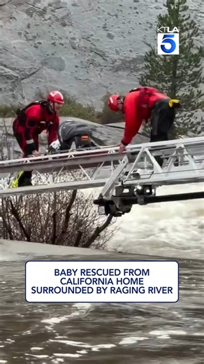 First responders with the California Highway Patrol (CHP), the Placer County Sheriff’s Office, and the Truckee Fire Protection District rescued nine occupants from a house on the South Yuba River after it swelled following heavy rain. Crews used a ladder to carefully slide a baby carrier over the raging river. #rescue | KTLA 5 News