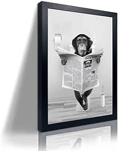 Funny Monkey Framed Wall Art in Bathtub,Black and White Canvas Monkey Wall Art Prints Farmhouse Bathroom Decor,Humor Animals Bathroom Painting Canvas Rustic Style Artwork(12"x16", Framed)