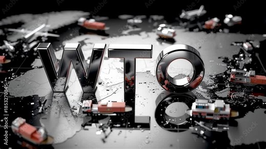 World Trade Organization letters breaking apart amid industrial debris highlighting international commerce disruption, trade disputes and global market pressure