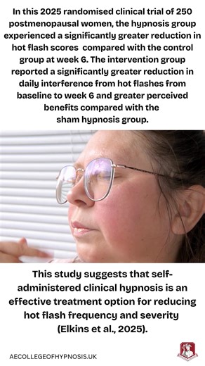 Evidence based hypnosis meme of the week. In this 2025 randomised clinical trial of 250 postmenopausal women, the hypnosis group experienced a significantly greater reduction in hot flash scores compared with the control group at week 6. The intervention group reported a significantly greater reduction in daily interference from hot flashes from baseline to week 6 and greater perceived benefits compared with the sham hypnosis group. This study suggests that self-administered clinical hypnosis is